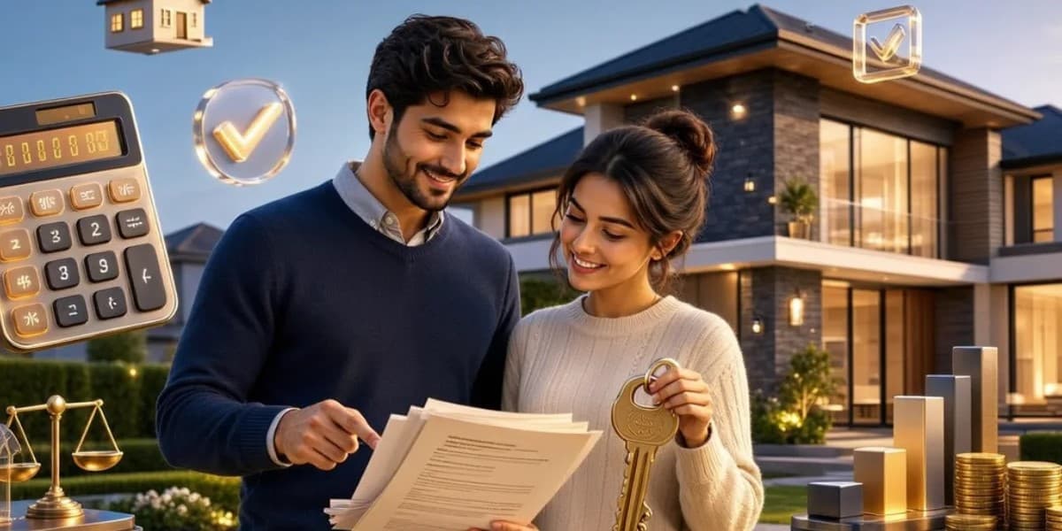 First-time homebuyer couple standing in front of a modern house, reviewing mortgage documents and holding a key, with illustrated financial elements like a calculator, percentage symbols, charts, and savings icons representing affordability, down payments, and loan planning.