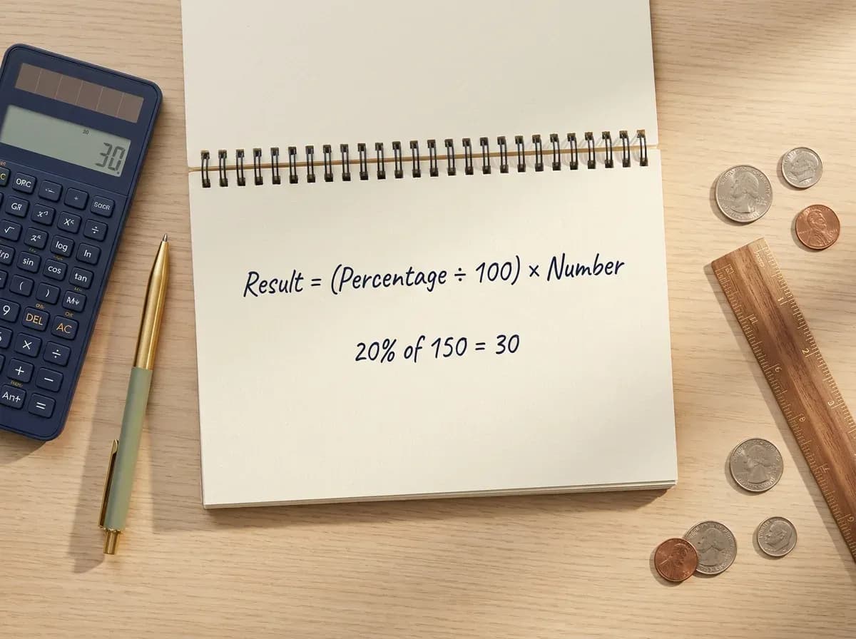 Flat lay image with a notepad showing the percentage of a number formula and a worked example, a calculator, pen, ruler, and coins, illustrating how to calculate the percentage of any number step by step.