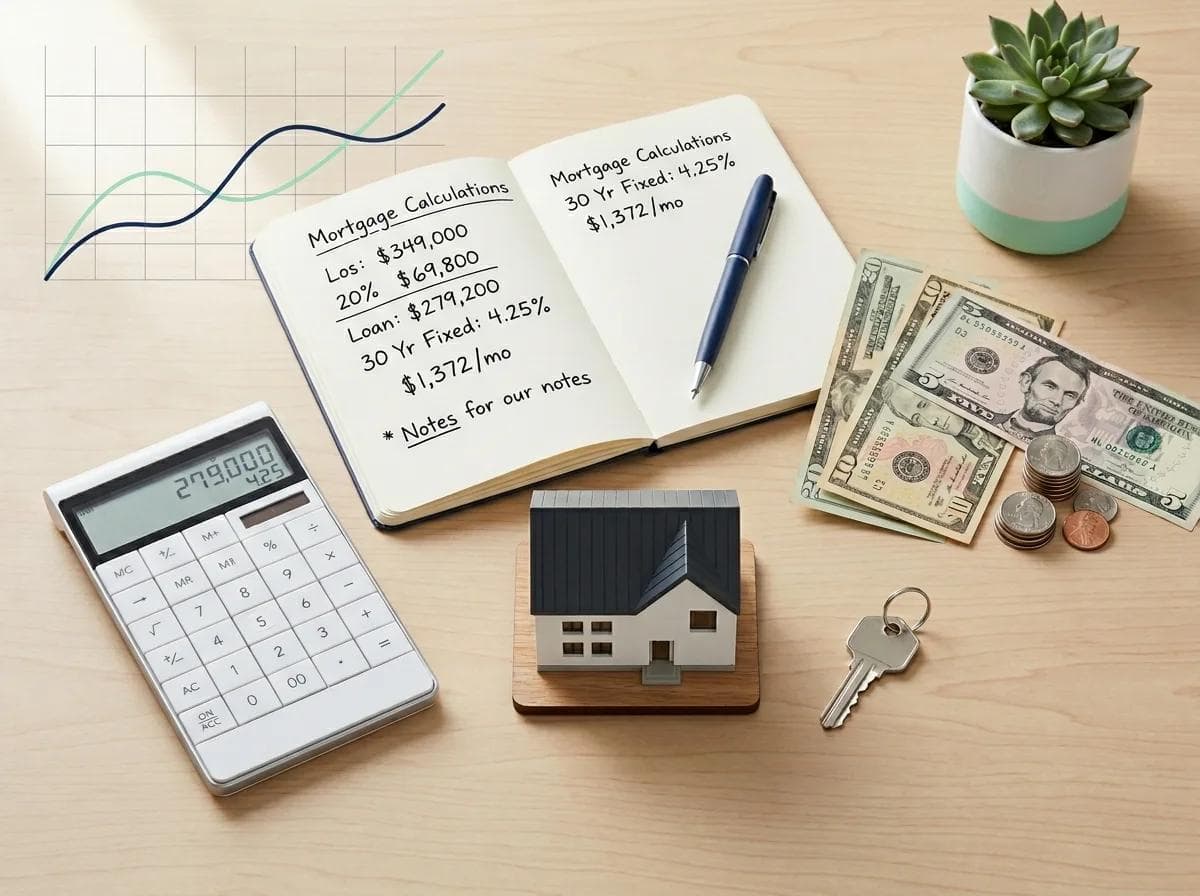 Flat-lay image with house model, calculator, key, and financial notes representing how to calculate a mortgage payment in 2026