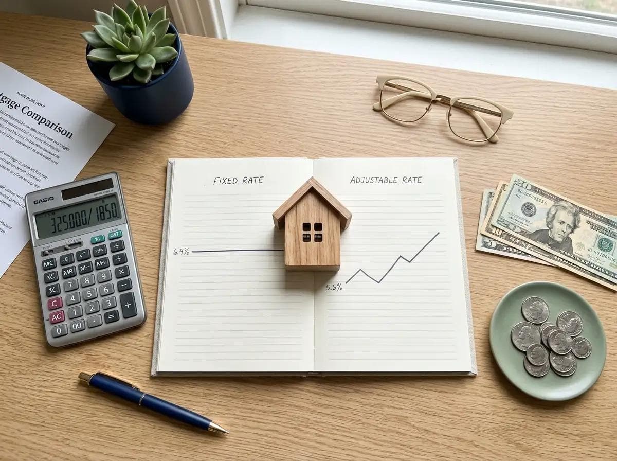 Flat lay image with model house, calculator, and a notepad comparing a stable fixed rate line to a zigzag adjustable rate line, illustrating which mortgage saves more in 2026