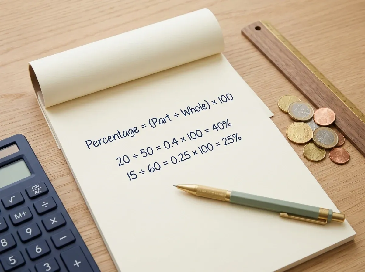 Flat lay image with a notepad showing the percentage formula and example calculations, a calculator, pen, ruler, and coins, illustrating how to calculate percentages step by step.