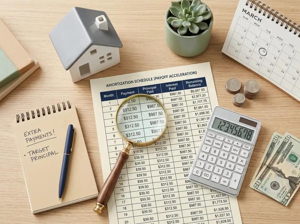 Flat lay image with model house, calculator, and a magnifying glass over an amortization table, illustrating how to read and use a mortgage amortization schedule to pay off a loan faster.