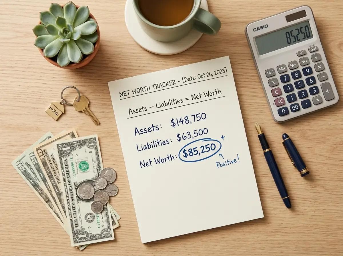 Flat lay image with a net worth statement showing assets minus liabilities equals net worth, a calculator, house key, and dollar bills, illustrating how to calculate and track your net worth year over year.