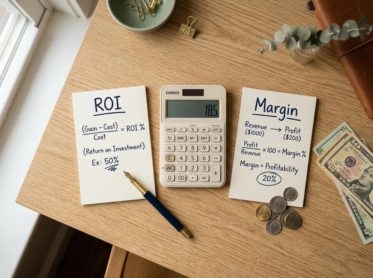 Flat lay image with a calculator between notecards explaining ROI and profit margin formulas, dollar bills, and coins, illustrating the key differences between return on investment and profit margin.