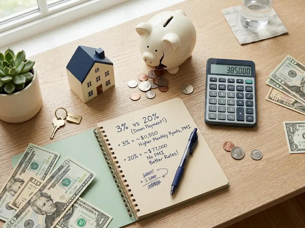 Flat lay image with piggy bank, model house, calculator, and a notepad comparing 3% and 20% down payments, illustrating how much down payment you actually need.