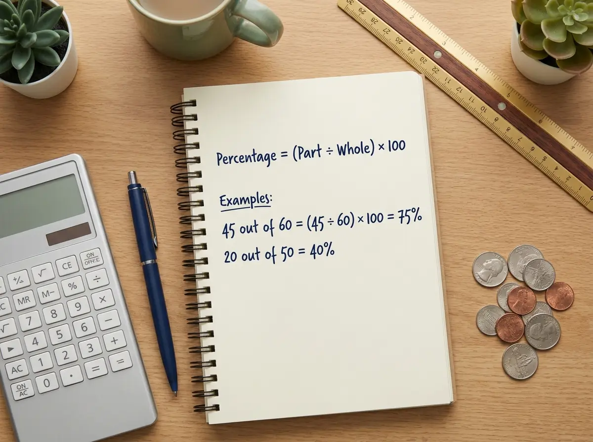 Flat lay image with a notepad showing the percentage formula and worked examples, a calculator, pen, ruler, and coins, illustrating how to calculate percentages step by step.