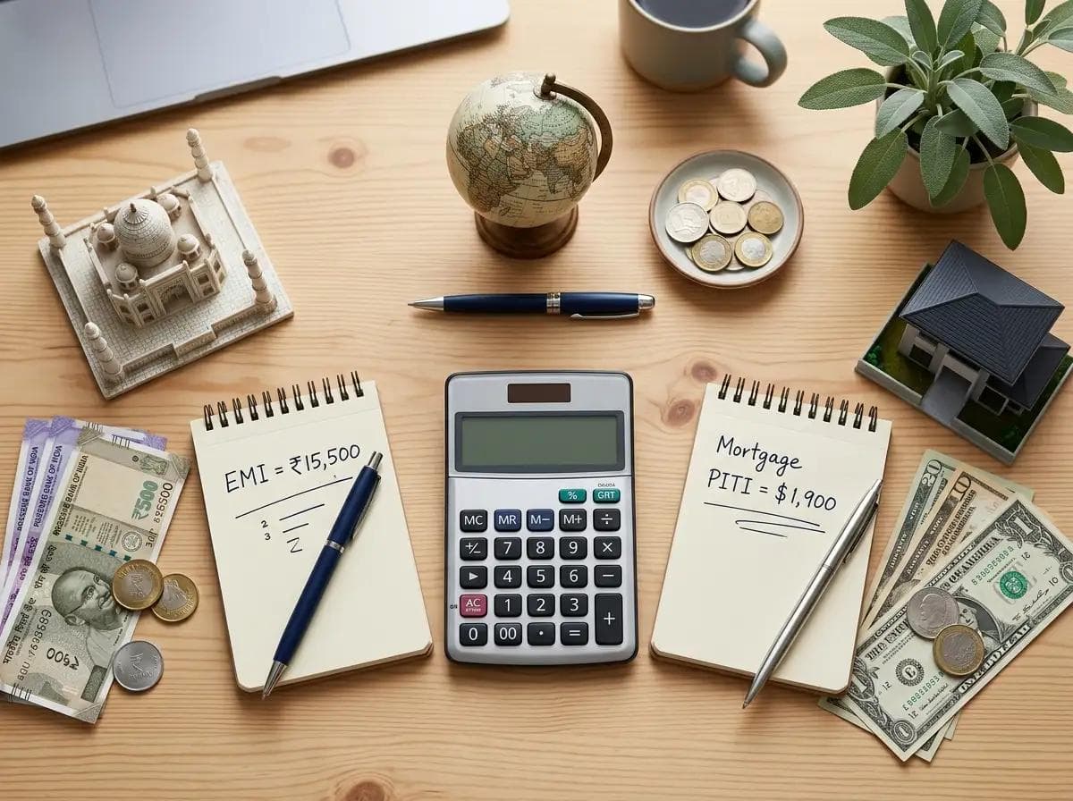 Flat lay image comparing an EMI calculator output in rupees with a mortgage calculator output in dollars, featuring a globe, house model, and both currency notes to illustrate the regional difference for global borrowers.
