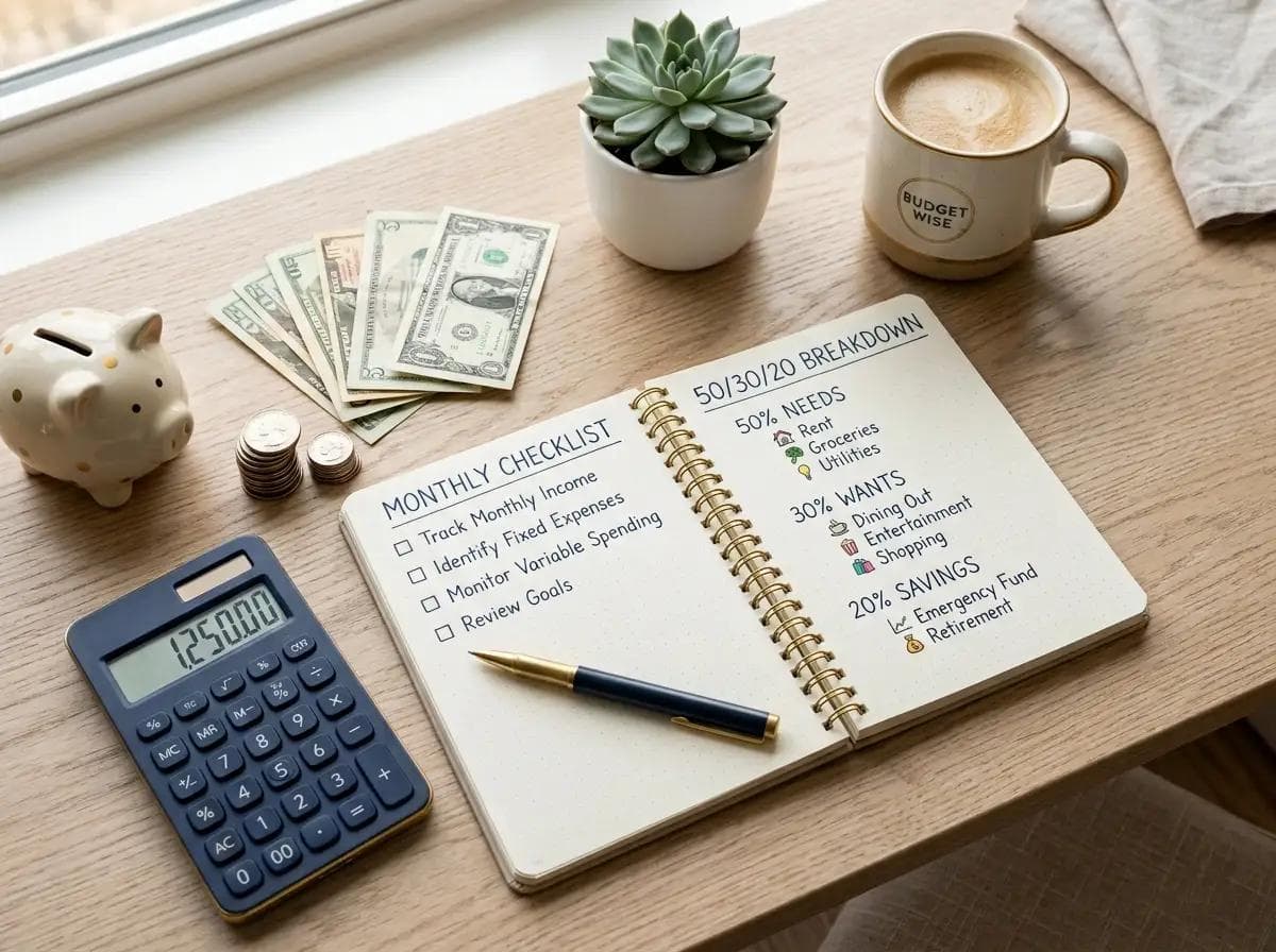 Flat lay image with a budget planner showing 50 30 20 categories, a calculator, piggy bank, and dollar bills, illustrating a step by step framework to build a budget that actually sticks.