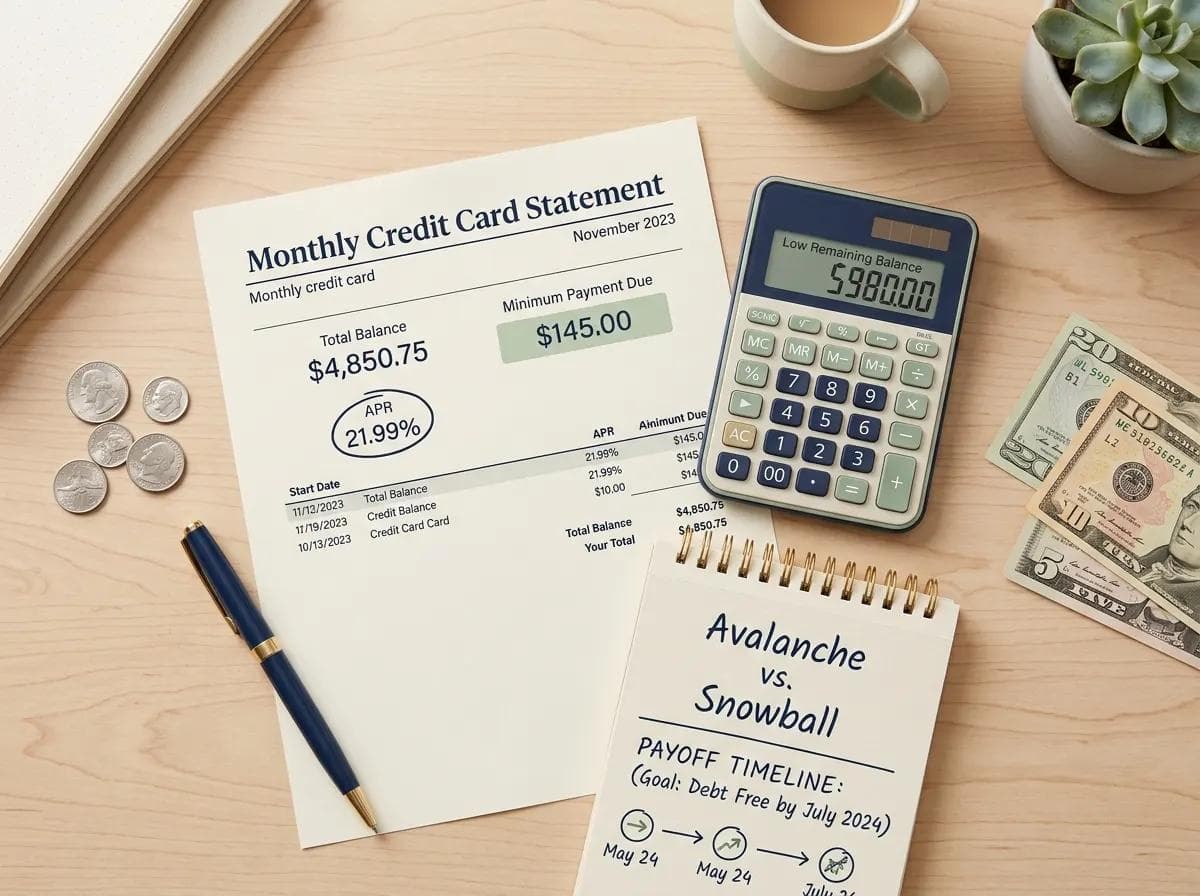 Flat lay image of a credit card statement with a high APR circled, a calculator, and a handwritten debt payoff plan comparing avalanche and snowball methods, illustrating how a payoff calculator helps eliminate credit card debt faster.