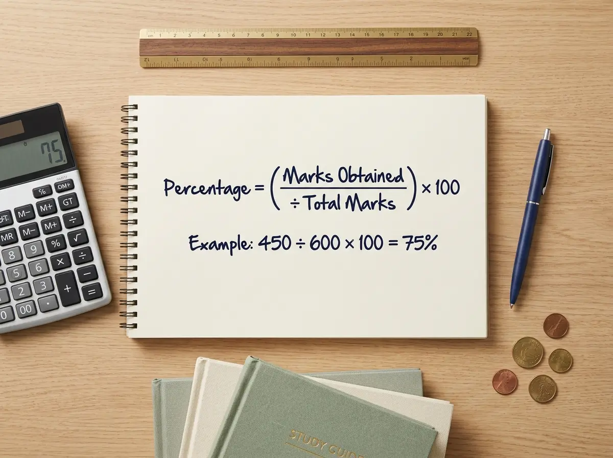 Flat lay image with a notepad showing the exam percentage formula and a worked marks calculation, a calculator, pen, ruler, books, and coins, illustrating how to calculate exam percentage from marks step by step.