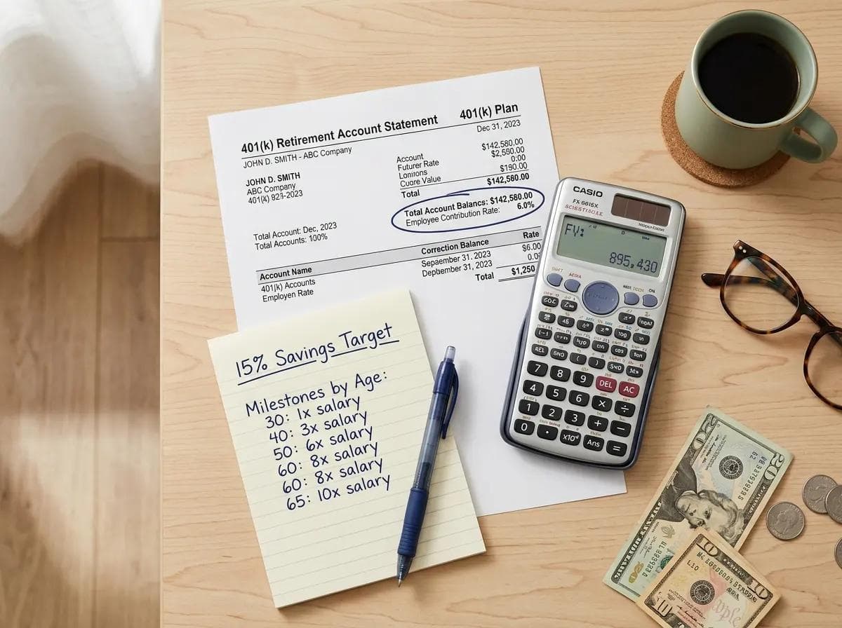 Flat lay image with a 401(k) statement, calculator, and handwritten retirement savings benchmarks by age, illustrating how to calculate how much you should really be saving for retirement.