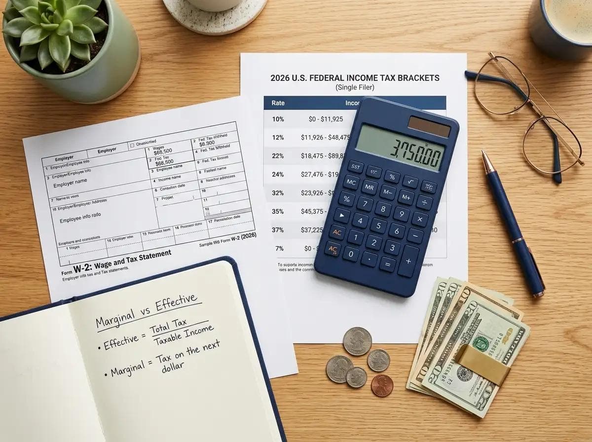 Flat lay image with a calculator on a 2026 tax bracket sheet, W-2 form, pen, glasses, and dollar bills, illustrating how to use an income tax calculator to understand brackets, deductions, and withholding.