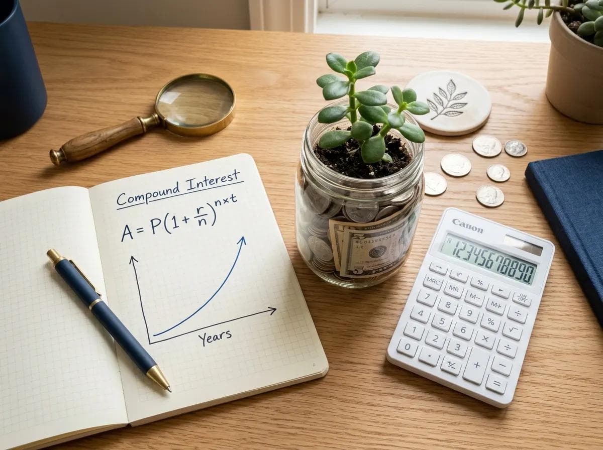 Flat lay image with a calculator, a coin jar with a sprouting plant, and a notepad showing the compound interest formula and growth curve, illustrating how money grows over time through compounding.