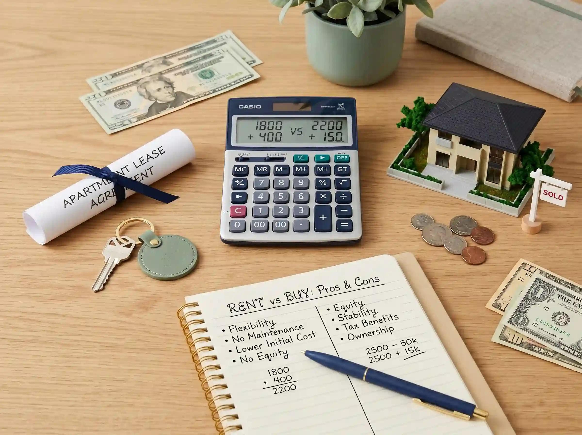 Flat-lay image showing a calculator between a lease agreement and a house model, illustrating the rent vs. buy calculator decision in 2026