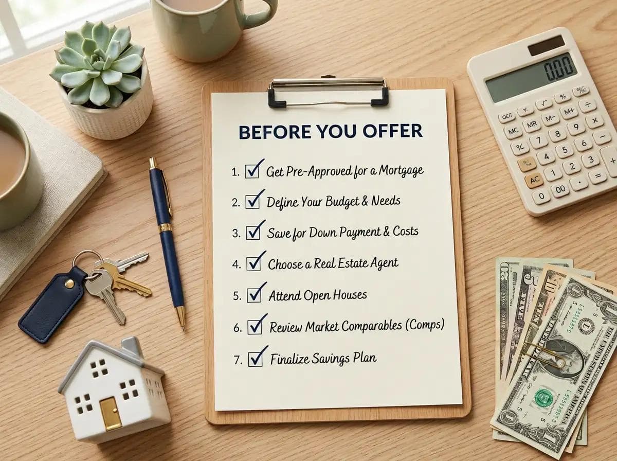 Flat lay image of a checklist with seven checked items, a calculator, a model house, keys, and dollar bills, representing the first-time homebuyer calculators to run before making an offer.