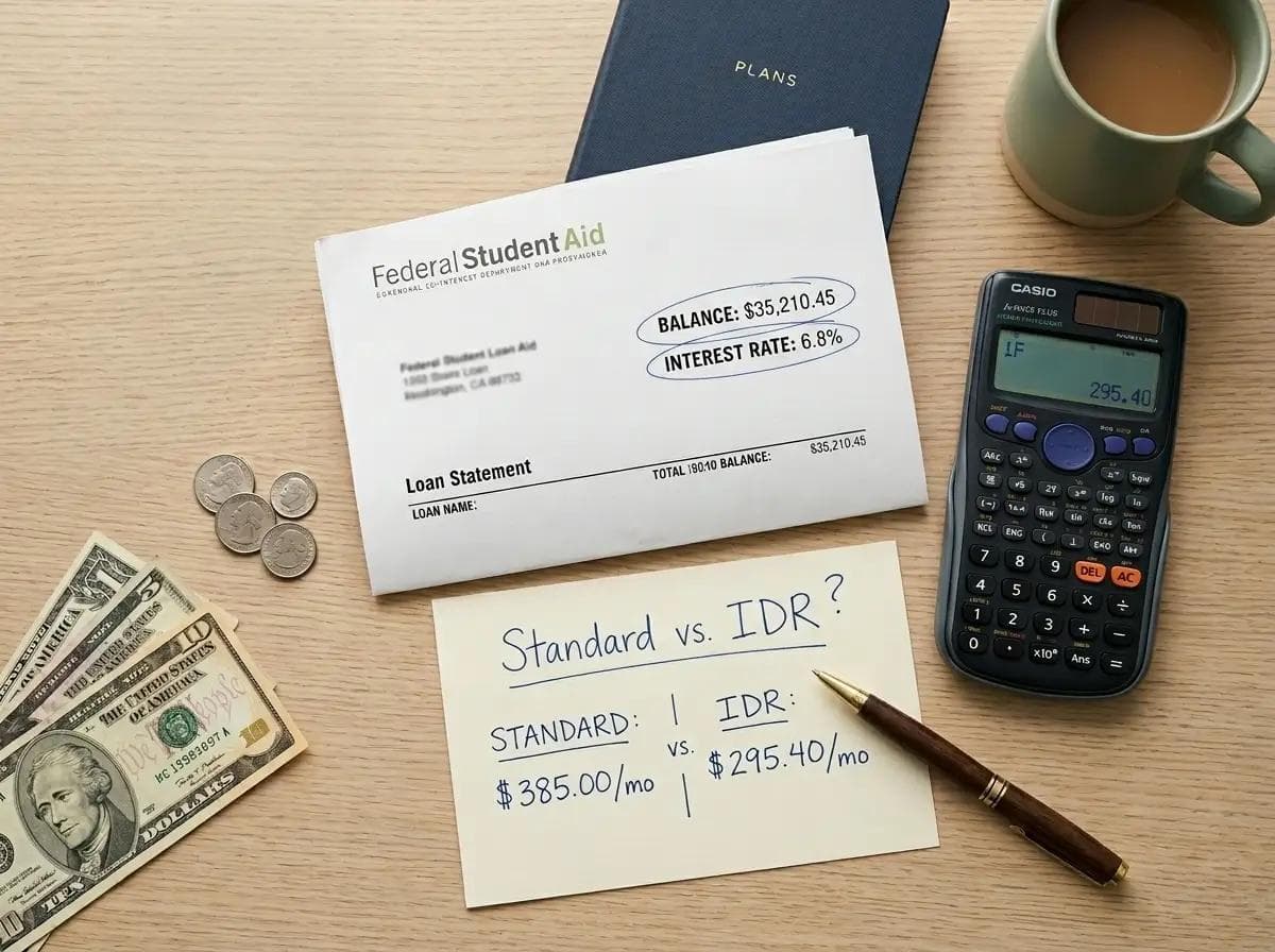 Flat lay image with a student loan statement, calculator, and a handwritten comparison of Standard and income-driven repayment plans, illustrating how to choose the best student loan repayment strategy.