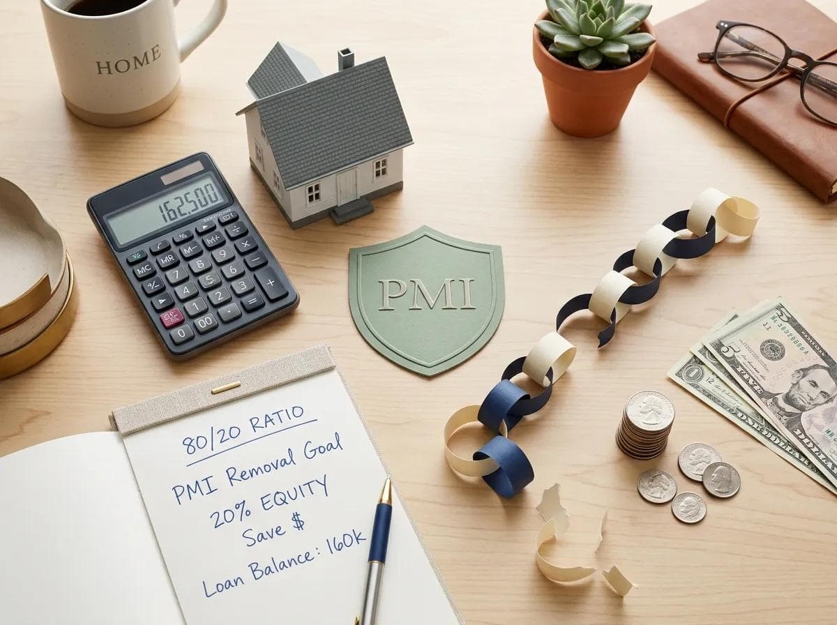 Flat lay image with model house, calculator, PMI shield icon, and a broken paper chain, illustrating how private mortgage insurance works and how it can be removed.